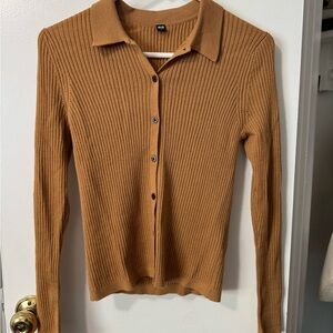 Ribbed Tan Button-Up Women's Top